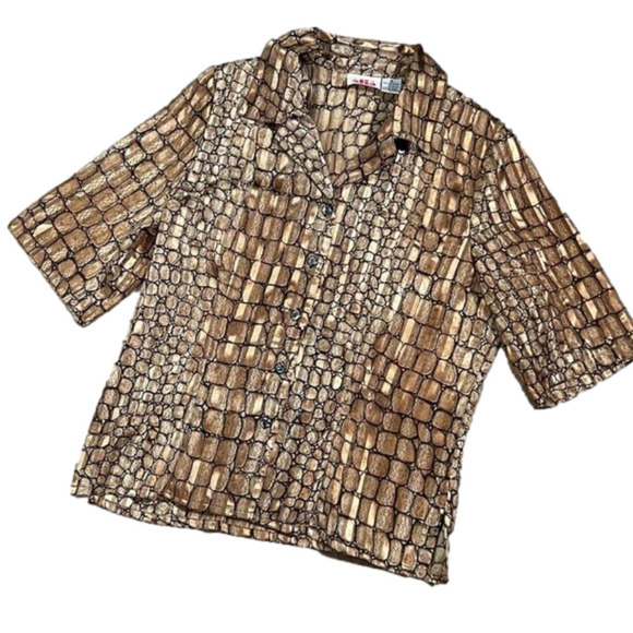 Tops - 47. vintage Alia Petite Gold, Tan, Black Reptile Print Short Sleeve Blouse 6P